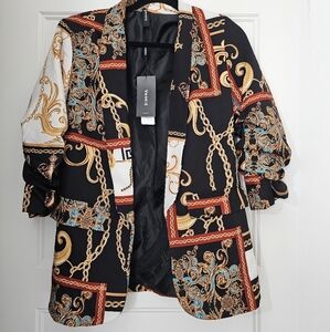 Venti6 Italy Chain Reaction Ruched Sleeve Blazer - Black and Gold